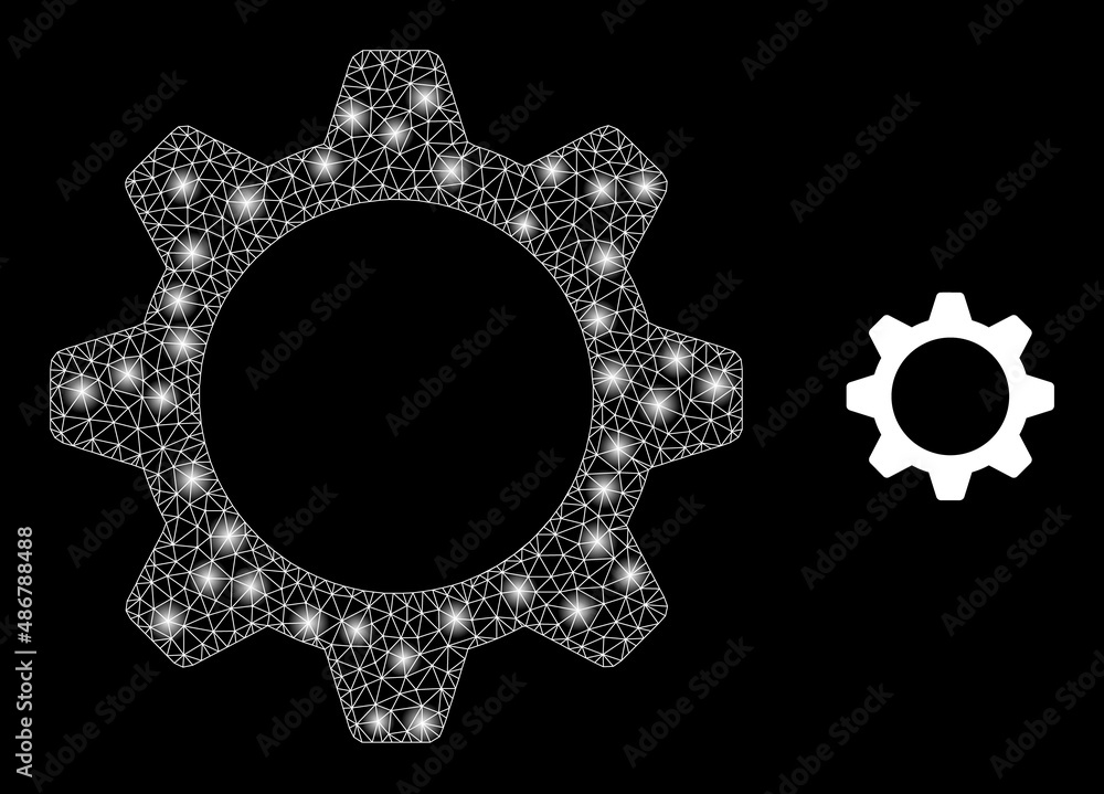 Poster gearwheel icon and glowing mesh gearwheel structure with illuminated spots. illuminated constellatio