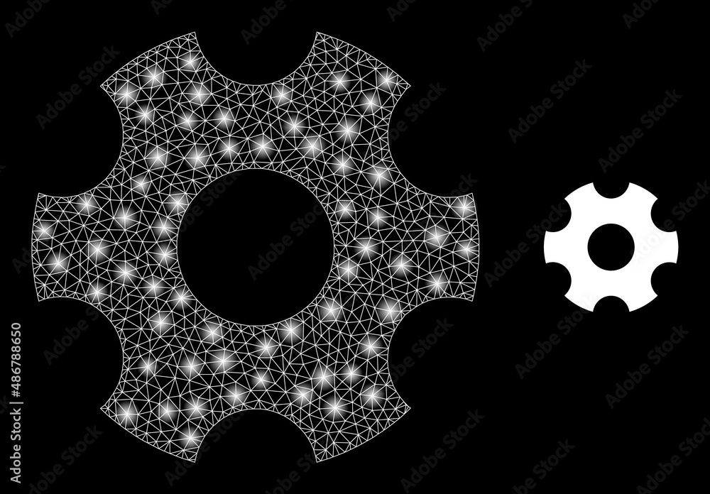 Poster gearwheel icon and glowing mesh net gearwheel model with illuminated light spots. illuminated model 