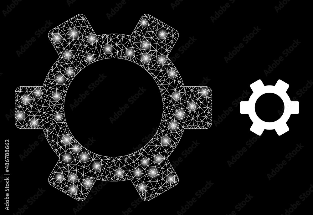 Poster gear icon and constellation net mesh gear model with illuminated light spots. illuminated constellat