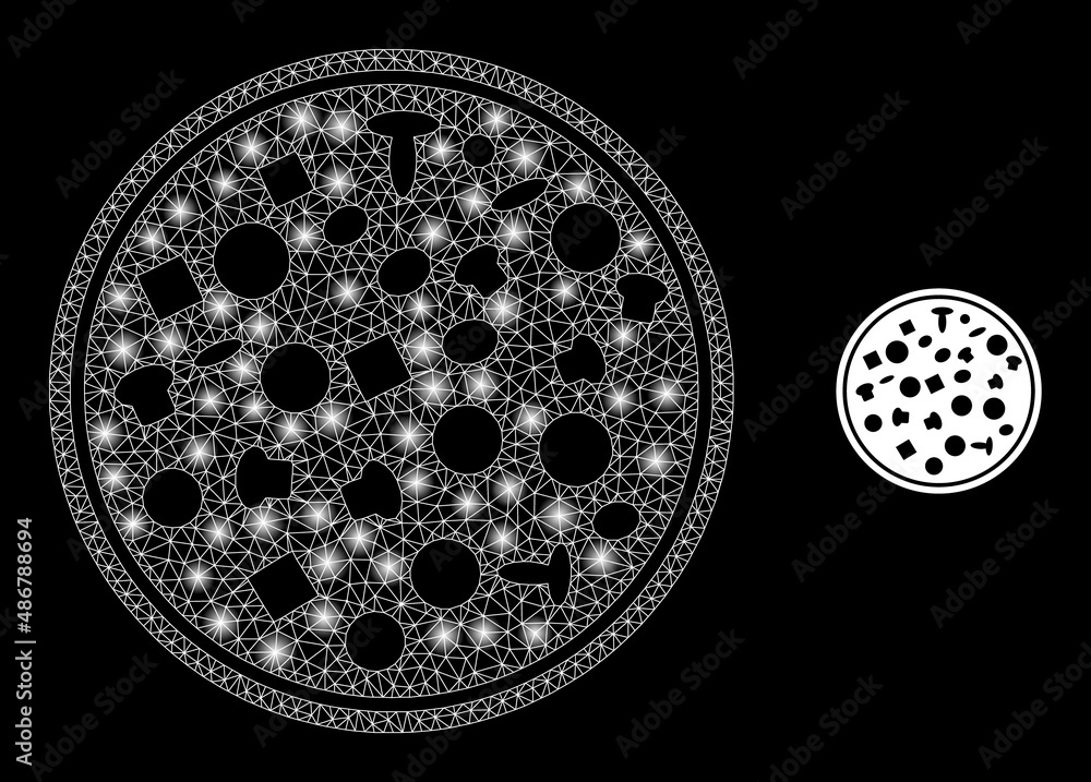 Poster full pizza icon and bright mesh net full pizza model with illuminated light spots. illuminated model