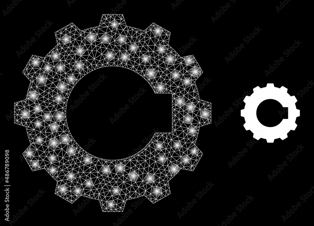 Poster cogwheel icon and glare mesh net cogwheel model with majestic spots. illuminated model is created us