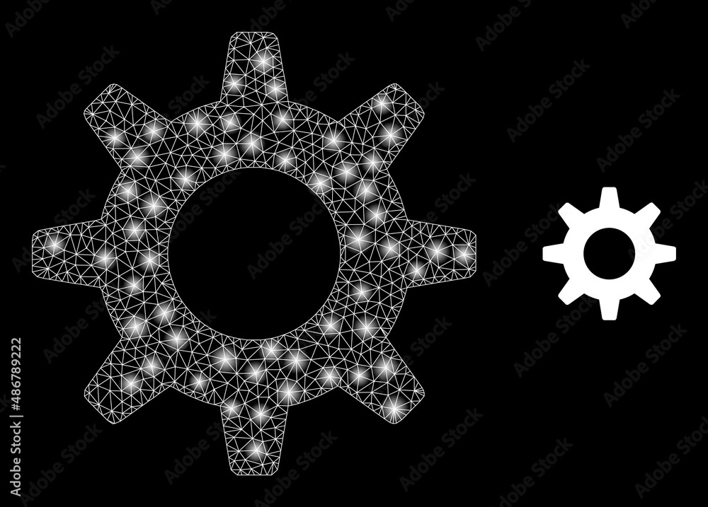 Aufkleber cogwheel icon and glowing mesh net cogwheel model with bright light spots. illuminated model generat
