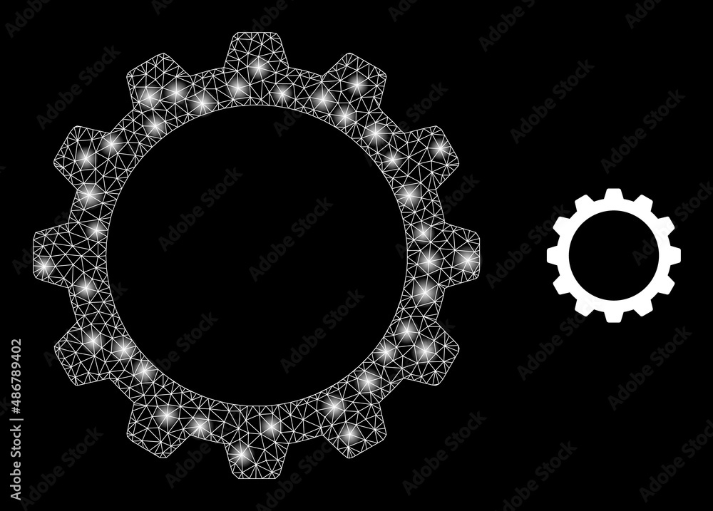 Poster cogwheel icon and shiny mesh net cogwheel model with glossy light spots. illuminated constellation d