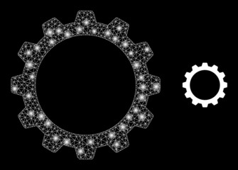 Cogwheel icon and shiny mesh net cogwheel model with glossy light spots. Illuminated constellation done from cogwheel vector icon and triangle mesh. Glossy carcass cogwheel, on a black background.