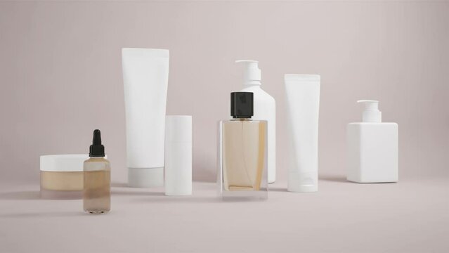 Skin care cosmetic products mockup. Glass bottle with pipette and Perfume bottle. Hair care for men and women. Hygiene 3d Serum branding makeup skin product. Beauty plastic container collagen template