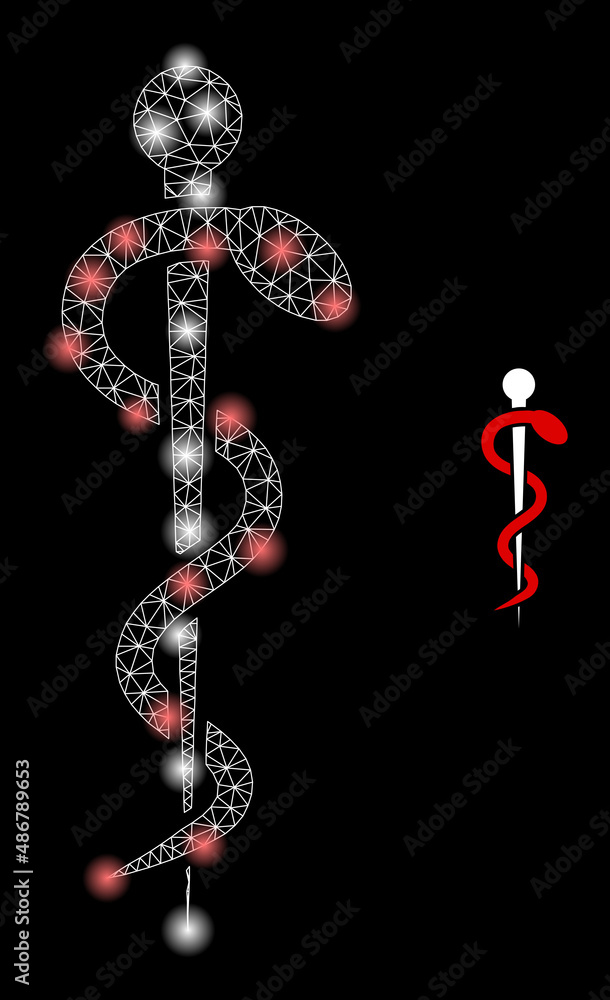Poster medical snake icon and glare mesh medical snake structure with flare spots. illuminated model create