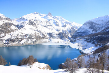 Lake of the Chevril, an amazing natural site in the french Alps, Tignes, Savoie