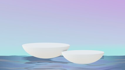 Empty podium on wavy clear calm water texture with splashes and waves in sunlight. Abstract nature background for product presentation. Flat lay cosmetic mockup, copy space. 