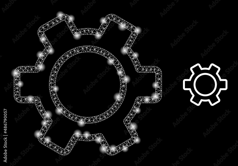 Poster contour gear icon and constellation net mesh contour gear model with majestic light spots. illuminat