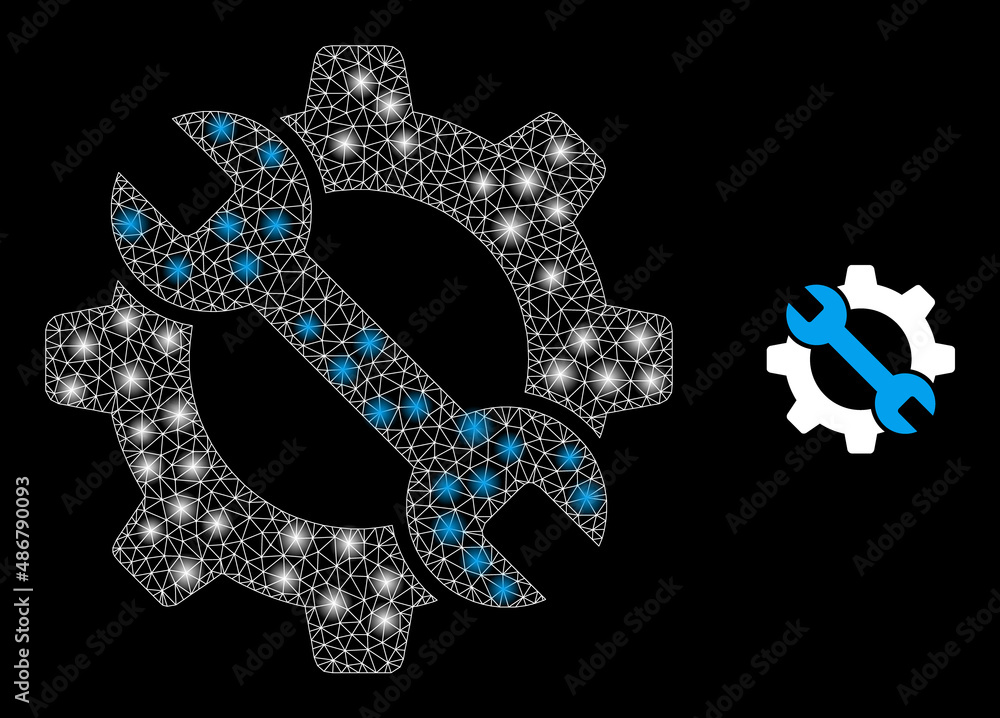 Poster repair tools icon and constellation mesh repair tools model with glossy spots. illuminated constella
