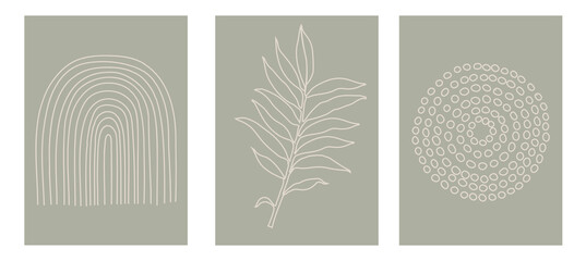 Set of three pastel posters with foliage, rainbow and abstract shapes, vector illustration. Minimal Nordic leaves and ferns art print. Abstraction design for background, wallpaper, card, wall art