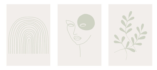 Set of three abstract minimalistic posters with woman's face, leaves and rainbow. Contemporary art prints collection, vector illustration. Abstraction design for background, wallpaper, card, wall art