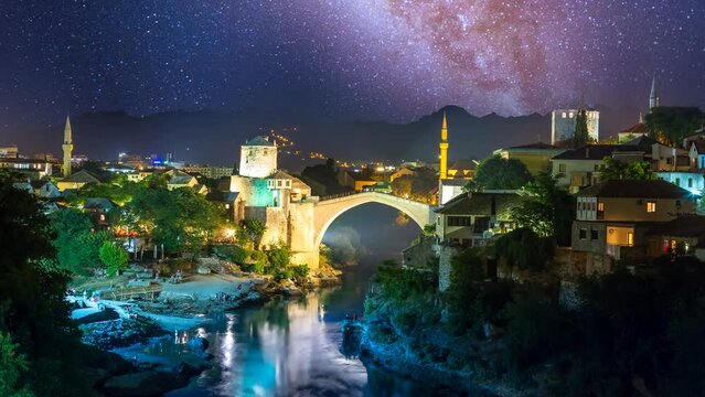 Mostar old town at night mostar bridge skyline view bosnia and herzegovina