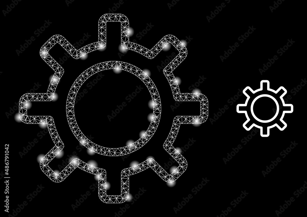 Poster contour gear icon and constellation mesh contour gear structure with glowing light spots. illuminate