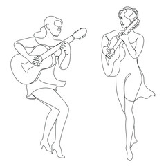 Collection. Silhouette of a beautiful woman with a guitar in a modern continuous line style. Girl guitarist, slender. Aesthetic decor sketches, posters, stickers, logo. set of vector illustrations.
