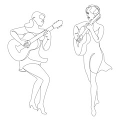 Collection. Silhouette of a beautiful woman with a guitar in a modern continuous line style. Girl guitarist, slender. Aesthetic decor sketches, posters, stickers, logo. set of vector illustrations.