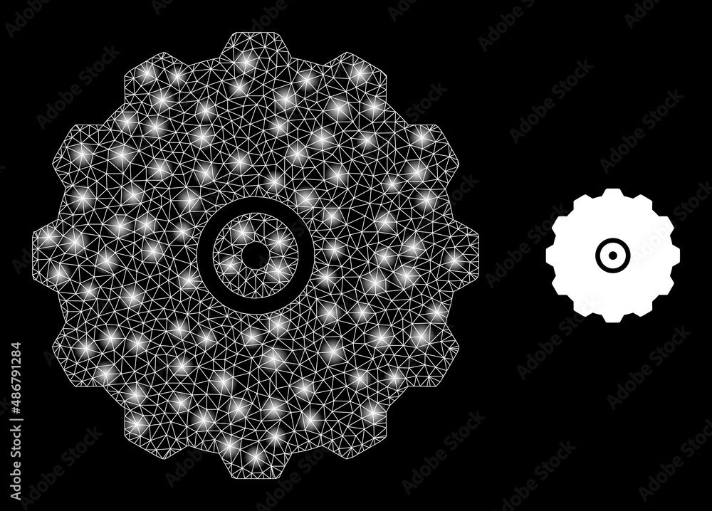 Poster gearwheel icon and bright net mesh gearwheel model with glitter light spots. illuminated model done 