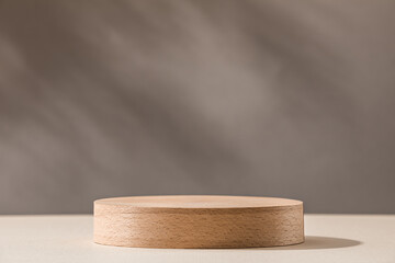 Wooden cylinder podium on a background in warm colors