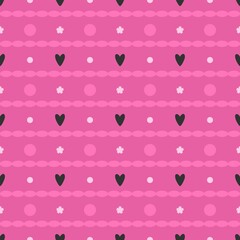 Vector seamless abstract pattern with hearts, flowers and dots on pink background.