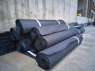 Piles of rolled membrane waterproofing. Rolls of insulation material