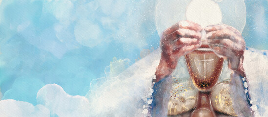 Eucharist. Watercolor christian background - obrazy, fototapety, plakaty