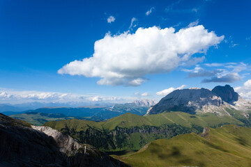 Italian Dolomites, Sassolungo peak view in summer day