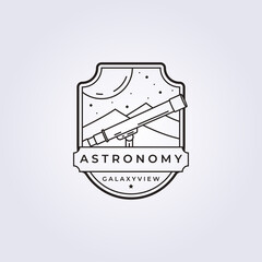 Astronomy and telescope minimal line in badge logo vector illustration template design
