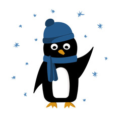 Penguin in blue hat and scarf. Snowflakes
