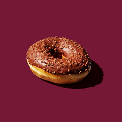 Chocolate donut on red background