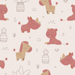 Nursery seamless pattern with safari animals. Safari pattern. Childish pattern for fabric, wrapping, clothing, textile, wallpaper, pajamas, kids apparel, beddings. 