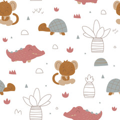 Nursery seamless pattern with jungle animals. Safari pattern. Childish pattern for fabric, wrapping, clothing, textile, wallpaper, pajamas, kids apparel, beddings. Vector