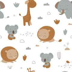 Nursery seamless pattern with safari animals: koala, lion, giraffe, elephant. Safari pattern. Childish pattern for fabric, wrapping, clothing, textile, wallpaper, pajamas, kids apparel, beddings. 