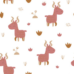 Nursery seamless pattern with jungle animals. Safari pattern. Childish pattern for fabric, wrapping, clothing, textile, wallpaper, pajamas, kids apparel, beddings. Vector
