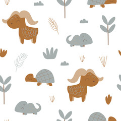 Nursery seamless pattern with turtle, chameleon. Safari pattern. Childish pattern for fabric, wrapping, clothing, textile, wallpaper, pajamas, kids apparel, beddings. Vector