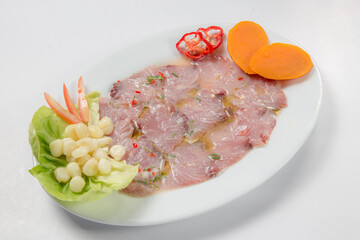 Peruvian food, Tiradito de atun or Tuna sashimi.