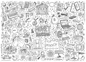 Set of vector money and banking doodle icons