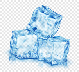 Group of three realistic translucent ice cubes in light blue color, with reflection, isolated on transparent background. Transparency only in vector format
