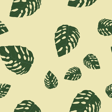 Seamless pattern with tropical leaves. Abstract cute pastel pattern with monstera. Random, chaotic beige background with green plants.