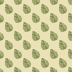 Seamless pattern with tropical leaves. Abstract cute pastel pattern with monstera. Beige background with green plants.