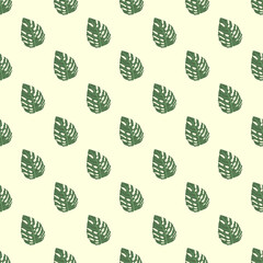 Seamless pattern with tropical leaves. Abstract cute pastel pattern with monstera. Beige background with green plants.