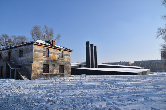 Unit 731 Building, Harbin, China. The old headquarters in winter and covered in snow. 