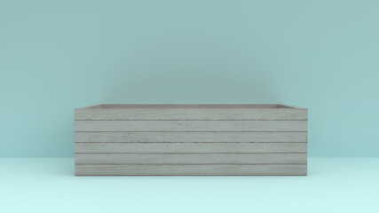 3D rendering white wood box with light blue background prospective