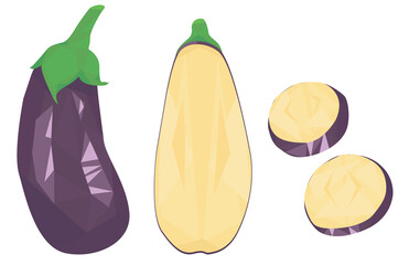set of eggplant isolated on white background. whole eggplant, half and eggplant slices. aubergine. brinjal. guinea squash. fresh vegetables. harvest.geometric style. flat vector.