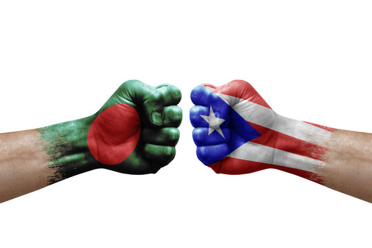 Two hands punch to each others on white background. Country flags painted fists, conflict crisis concept between bangladesh and puerto rico