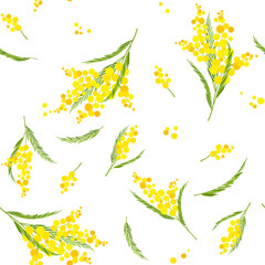 Seamless pattern with yellow mimosa branches on a white background. Spring floral design for women's day, fabric prints, covers, cards.
