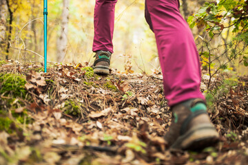 Hiking girl in a mountain. Low angle view of generic sports shoe and legs in a forest. Healthy fitness lifestyle outdoors.