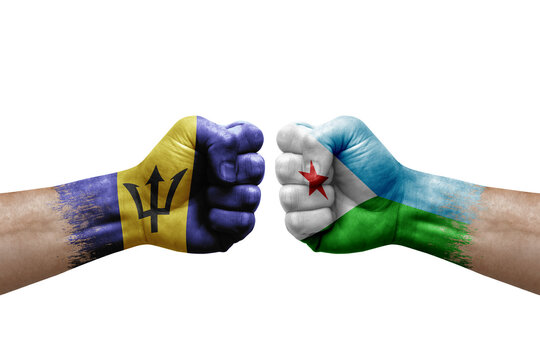 Two hands punch to each others on white background. Country flags painted fists, conflict crisis concept between barbados and djibouti