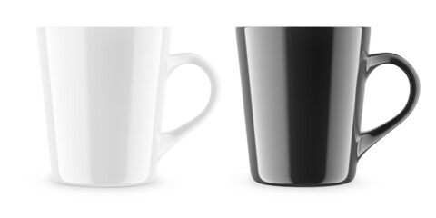 Glossy mug for drinks. White and black blank realistic isolated cup. 3d rendering