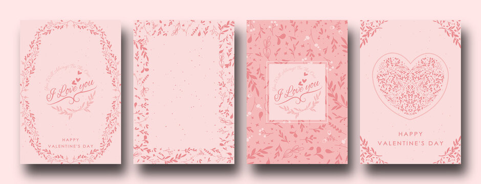  Ornate Happy Valentine's day cards with hearts and leaves, simple and minimal with a copy space. Universal modern artistic templates.