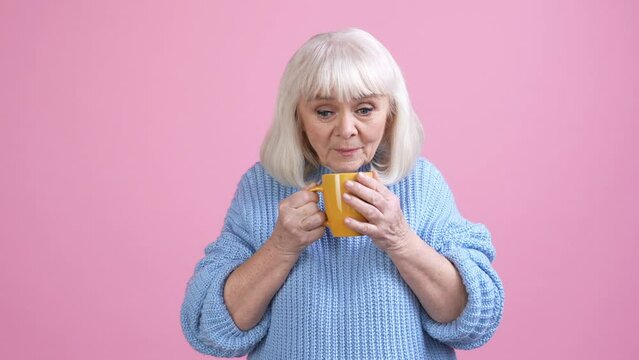 Old lady enjoy aroma beverage mug isolated pastel color background